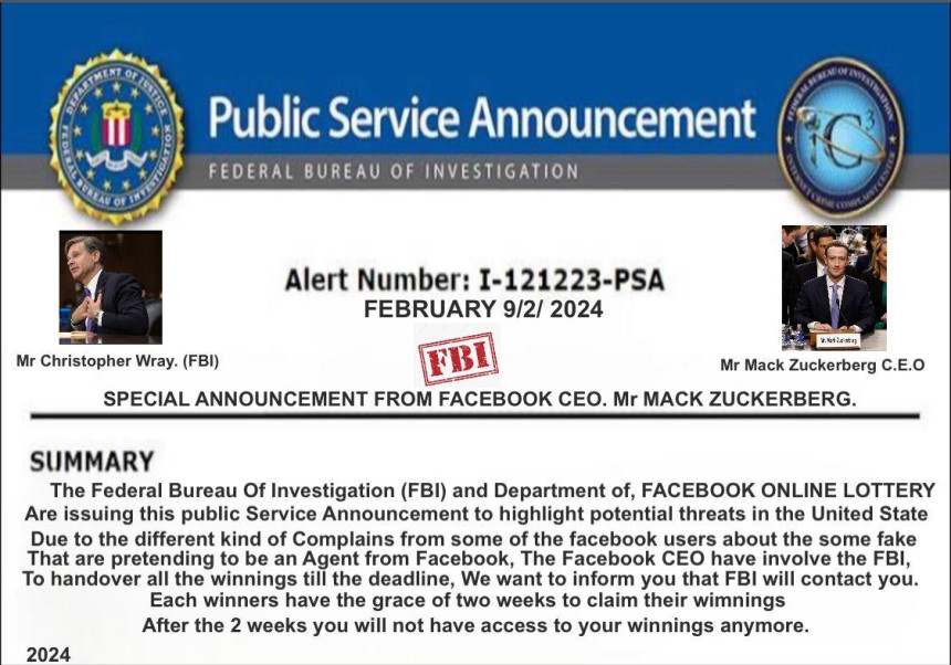 Facebook lottery, Legal Notice.